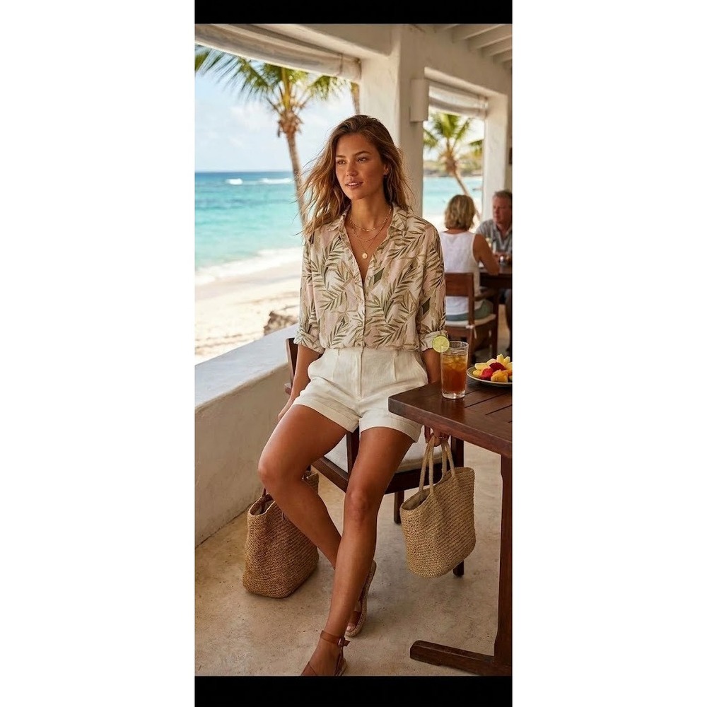 Calypso St Barth Womens Large Linen Tropical Print Button Top Roll Tab Sleeves